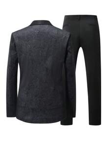Manfinity Mode 男士提花紳士西裝套裝,3 件套 - 黑色 - 查看 2