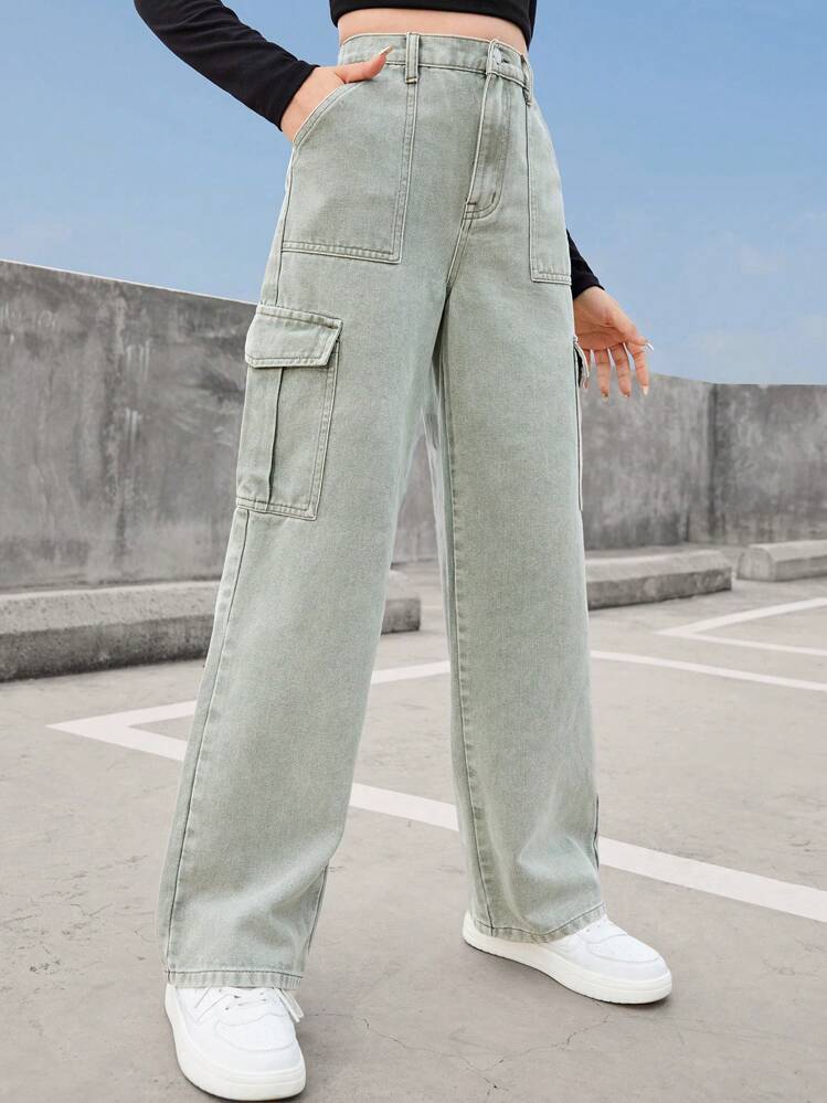 SHEIN ティーンガール向け サイドカーゴ ポケット付きジーンズ