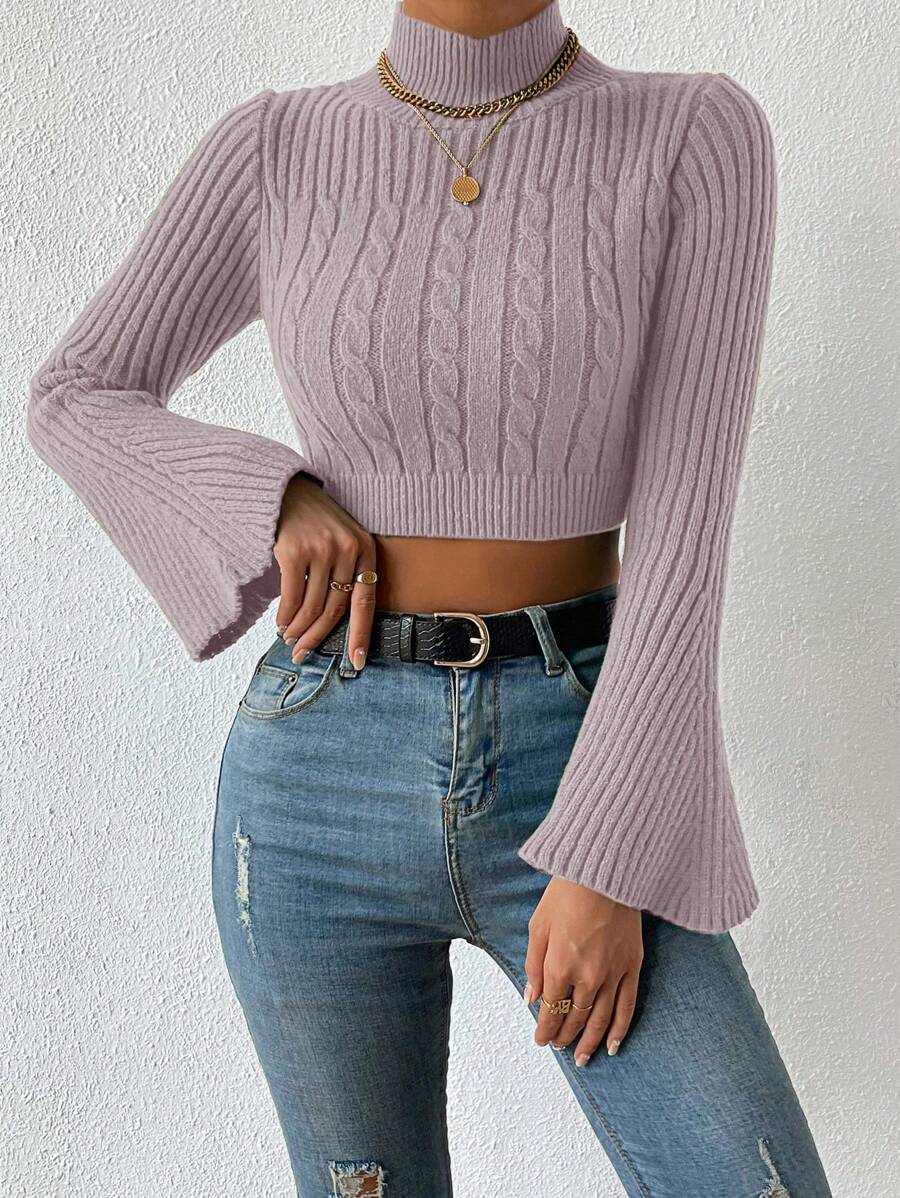 EURMUSE Mock Neck Cable Knit Crop Sweater - Dusty Pink - View 1