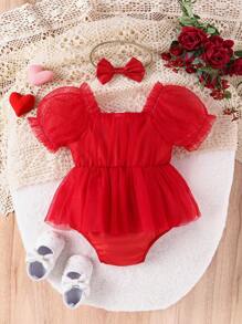 Baby Girl cổ vuông bong bóng tay áo ngắn lưới phủ áo liền quần - Đỏ - Xem 2