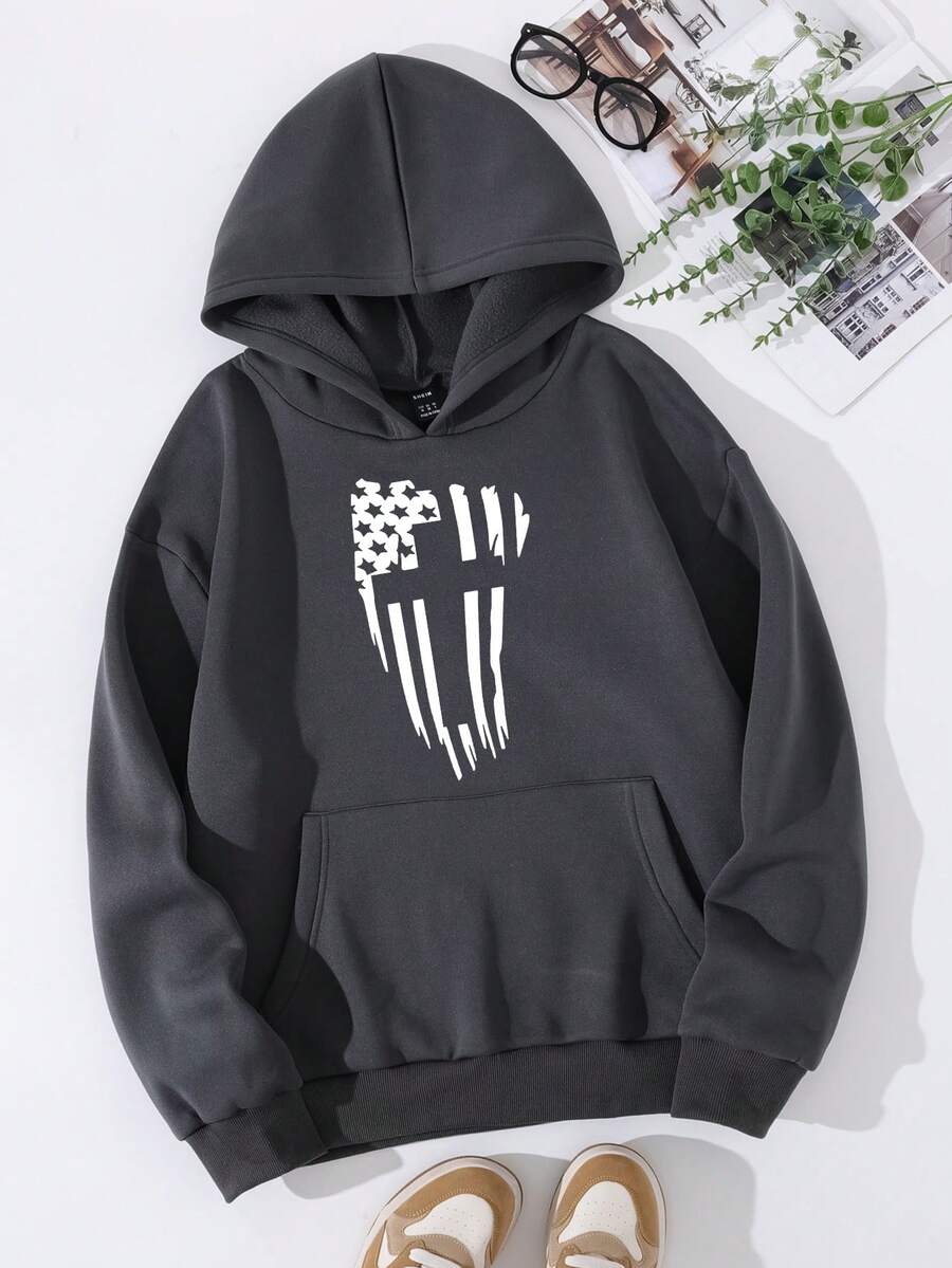 Nam Ngôi sao Và Mẫu sọc In Hoodie - Màu xám đen - Xem 1