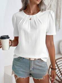 SHEIN LUNE Puff Short Sleeve Blouse With Round Neckline,Short Sleeve Tops - White - View 6