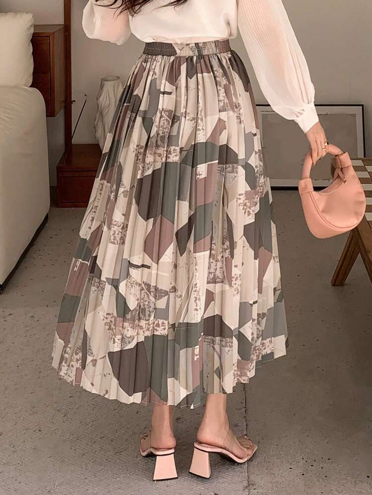 Women's Full Print Geometric Pattern Pleated Skirt,Fall Clothes