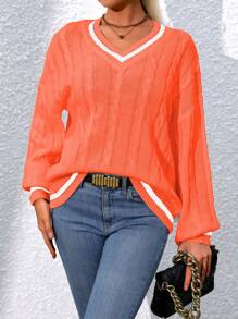 Chiquease Của phụ nữ Khối màu Cổ chữ V Thả vai Tay áo dài Áo len - Màu Cam cháy - Xem 1