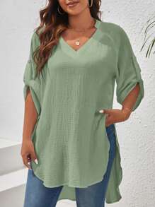 SHEIN VCAY Plus Size Women's Asymmetric Hem Blouse With Raglan Sleeve