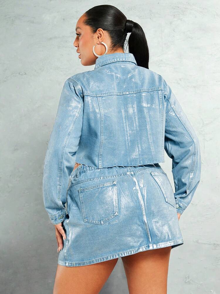 Plus Silver Metallic Coated Women's Denim Jacket, Club Concert Spring Denim Jacket