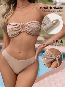 Swim Chiccia Women's Plain Texture Bikini Set Music Festival Summer Beach - Apricot - View 3