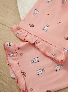 Tween Girls' Orange Cute Little Cat Printed Loose Fit Elegant 2pcs Homewear Set With Short Sleeve Top And Pants - Orange - View 7