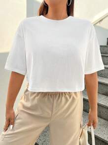 CovetEZ Kích thước lớn Chất rắn Có màu sắc Thả vai Quần skinny Áo thun - trắng - Xem 1