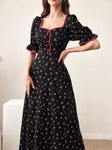 Mulvari 女士花卉印花甜心领口连衣裙长款女装 - 黑色 - 查看 4