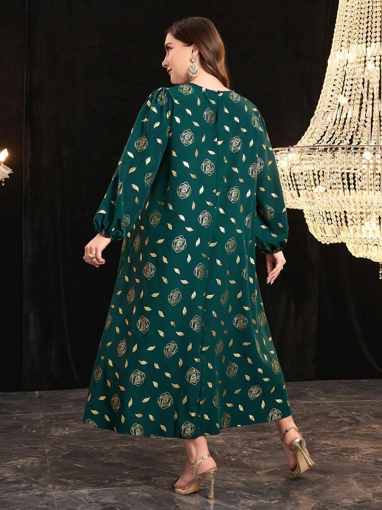 Plus Size Full Printed Round Neck Lantern Sleeve Dress