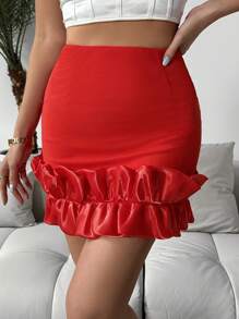 Breezaya Falda De Cintura Alta Para Mujer Con Dobladillo De Volantes - Rojo - Ver 1