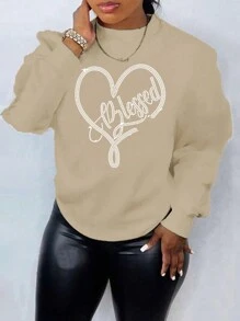 INAWLY Plus Size Women's Heart Printed Round Neck Sweatshirt Graduation,Back To School Outfits,Graduation,Teacher Outfits For Women,Back To School - Khaki - View 1