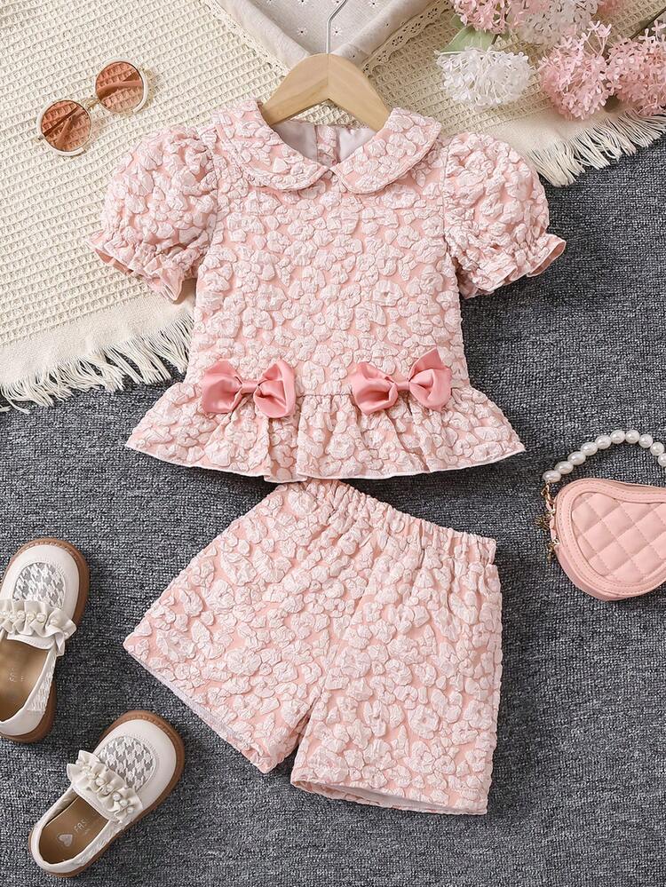 Young Girl Pink Textured Elegant Ladylike Short Sleeve Two Pieces Set