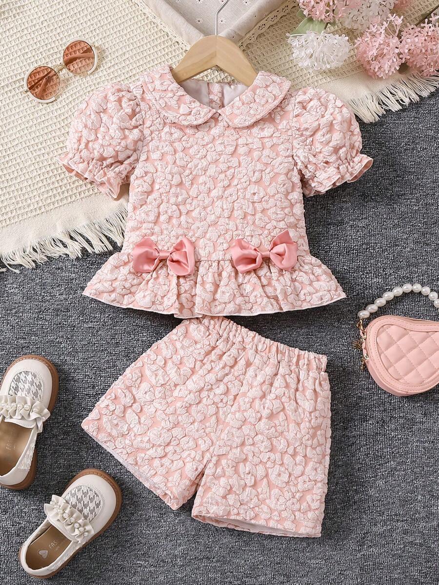 SHEIN Young Girl Pink Textured Elegant Ladylike Short Sleeve Two Pieces Set - Pink - View 1