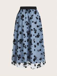 SHEIN LUNE Women's Floral Mesh Tulle Skirt - Blue - View 2