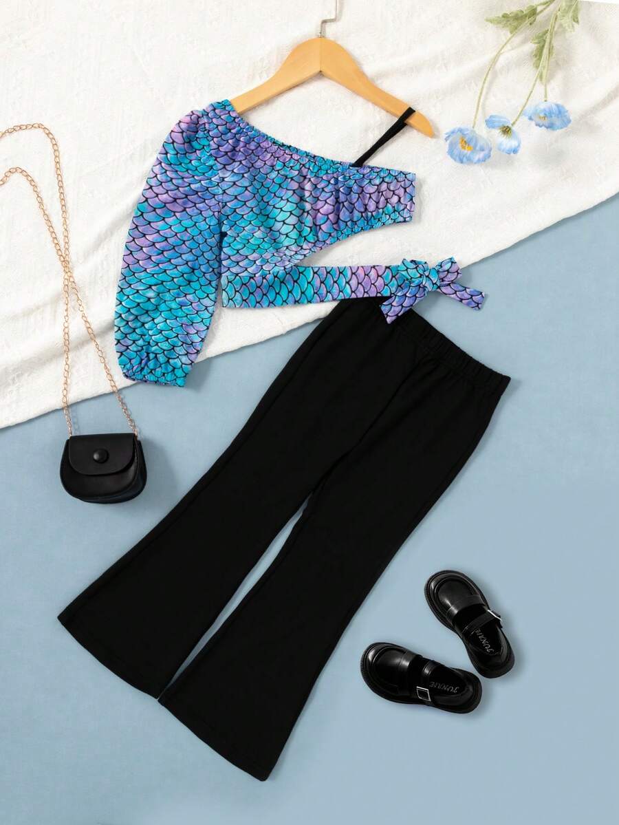 SHEIN 彩色不對稱人魚鱗片印花長袖上衣和喇叭褲年輕女孩休閒2件套裝 - 彩色 - 查看 1