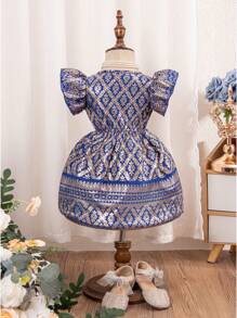 Baby Girl Geometric Pattern Printed Shiny Dress - Blue - View 2