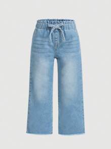 SHEIN Jeans en denim délavé bleu clair pour filles, avec une nouvelle ceinture élastique volantée pour l'été printemps
