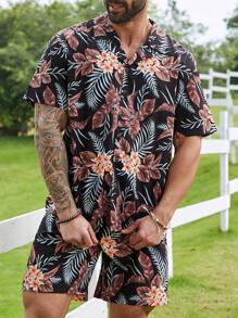 Manfinity RSRT 2pcs/Set Plus Size Men's Floral Printed Short Sleeve Shirt And Shorts - Multicolor - View 1