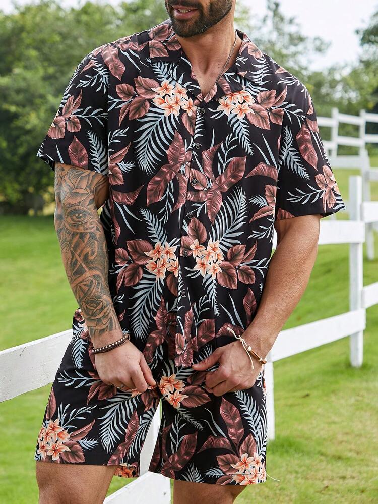 2pcs/Set Plus Size Men's Floral Printed Short Sleeve Shirt And Shorts