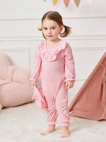 Baby Girl Ruffled Sleeve Romper With Hat, Home Wear - Pink - View 5