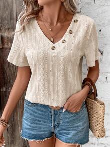 SHEIN LUNE Women's Solid Color V-Neck Short Sleeve T-Shirt - Apricot - View 5