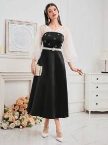 Modelyn Vestido De Malla De Manga De Lámpara Con Imitación De Perlas Decoradas Para Mujer - Blanco y Negro - Ver 3