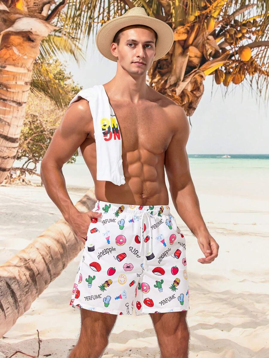 Manfinity Men's Swimming Trunks With Letter And Strawberry Print