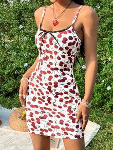 SHEIN WYWH Cherry Printed Slim Fit Lace Trimmed Cami Dress - Multicolor - View 4