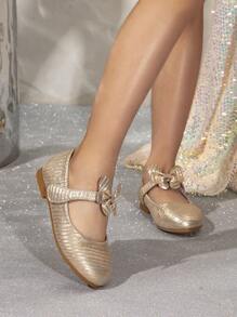 女孩金色鞋，帶有蝴蝶結和魔鬼氈的兒童平底鞋，秋季 - 金色 - 查看 5