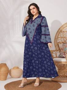 Al Najma Plus Size V-Neck Long Sleeve Dress Kaftan Jalabiya Dress - Multicolor - View 1