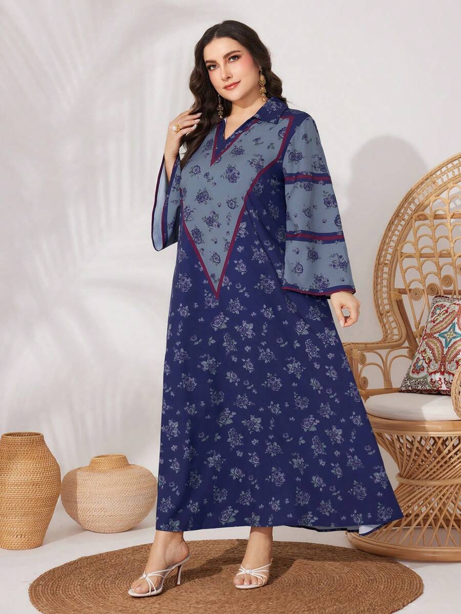 Al Najma Plus Size V-Neck Long Sleeve Dress Kaftan Jalabiya Dress - Multicolor - View 1