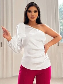 SHEIN SXY Camisa De Satén Blanca De Un Hombro Para Mujer En Primavera, Ropa Sexy De Club Con Detalle De Lazo, Día De San Valentín - Blanco - Ver 5