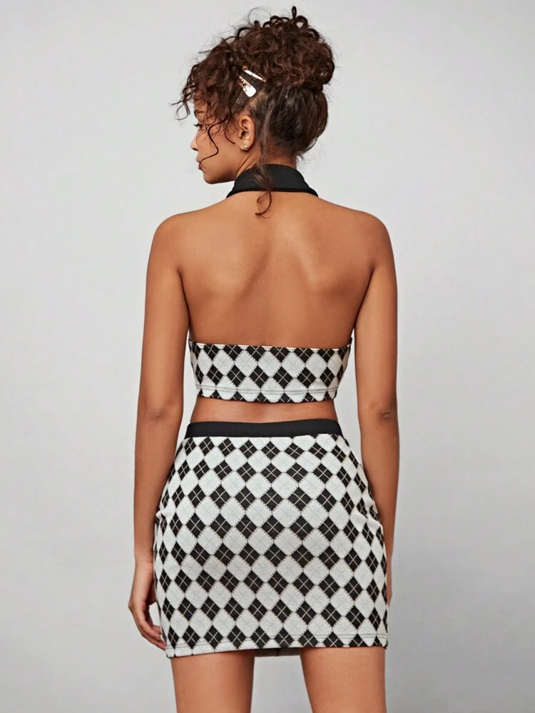 Vintage Sexy College Style Plaid Halter Crop Top & Skirt Set For Women's Summer