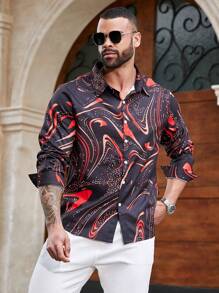 Manfinity Homme Plus Size Men's Full Print Long Sleeve Shirt
