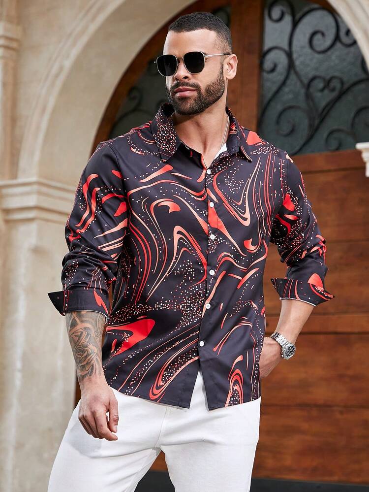 Plus Size Men's Full Print Long Sleeve Shirt