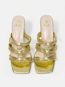 Women'S Fashionable Chunky Heeled Square Toe Gold High Heel Sandals - Gold - View 4