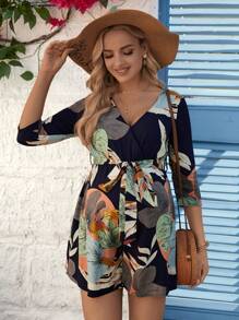 SHEIN Maternity Plant Print Wrap V-Neck Romper - Multicolor - View 4