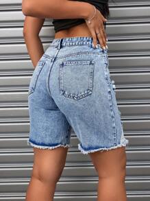 SHEIN ICON Women's Distressed Denim Shorts - Blue - View 2