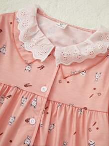 Tween Girls' Orange Cute Little Cat Printed Loose Fit Elegant 2pcs Homewear Set With Short Sleeve Top And Pants - Orange - View 6