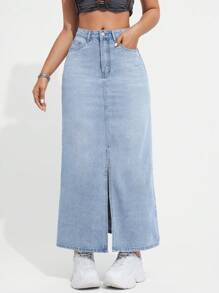 SHEIN EZwear Women's Light Blue Washed Denim Slit A-Line Skirt - Light Wash - View 3
