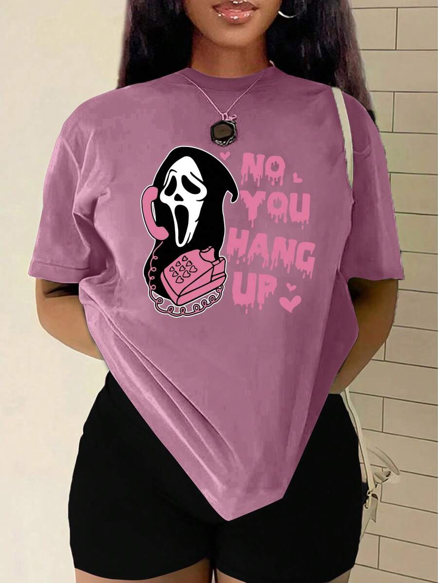 INAWLY Camiseta de talla grande con cuello redondo y estampado creativo, Camiseta gráfica para mujer "NO CUELGUE" para verano - Púrpura malva - Ver 1