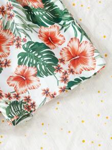 SHEIN Tween Girls' Off Shoulder Ribbed Top With Frill Trim And Plant Printed Shorts Set, School, Campus, College - Orange - View 4