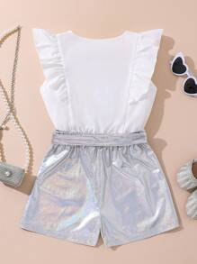 SHEIN Blusa con mangas de vuelo y shorts holográficos para niña preadolescente - Multicolor - Ver 2