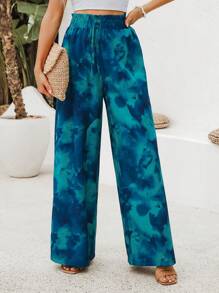 SHEIN VCAY 假期水洗寬腿褲 - 藍色 - 查看 4