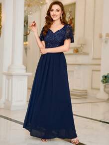 MIUSOL 亮片花卉蕾丝甜心领荷叶边袖雪纺褶皱下摆晚会长裙，优雅女士连衣裙，夏季连衣裙，适合度假、婚礼宾客、毕业典礼、晚宴礼服、长袍