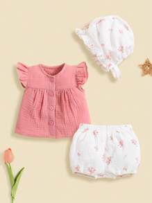 SHEIN Pasgeboren Baby Meisjes Effen kleur Rucheszoom Tops , Bloemen Shorts En Pet 3 stuks