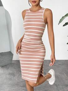 SHEIN EZwear Women's Striped Knit Sleeveless Dress - Pink - View 3