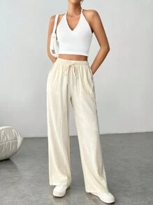SHEIN EZwear Culoare uni Pantaloni drepți cu șnur casual - Caisă - Vizualizare 6